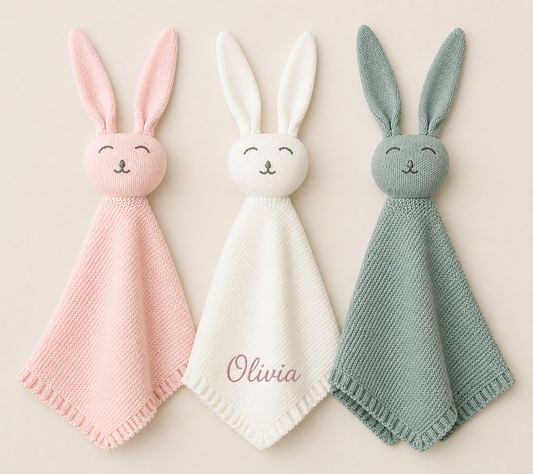 Personalized Knit Bunny Lovey | Baby Name Security Blanket